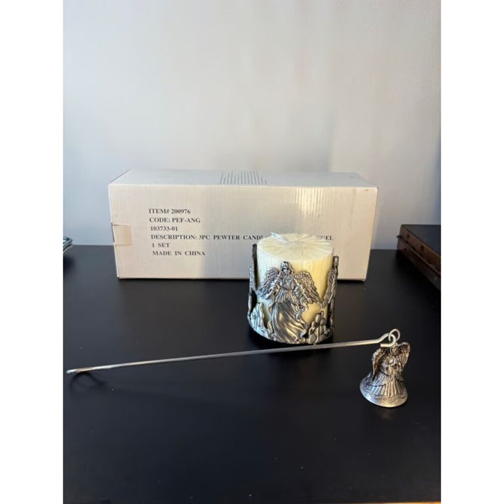Pewter Angel Candle Holder Set 3 Piece Sleeve Snuffer Boxed Christmas Gift Set